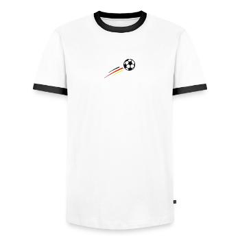 Fußball mit Streifen in schwarz, rot und gold - Männer Kontrast-T-Shirt - Weiß/Schwarz - Vorne - AI Model Female 172 light (172cm) & AI Model Male 178 dark (178cm)