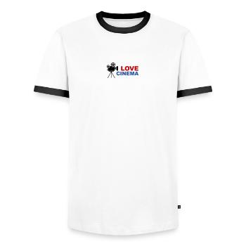 Love Cinema Bold Red Blue Typography - Men's Ringer Shirt - white/black - Front - AI Model Female 172 light (172cm) & AI Model Male 178 dark (178cm)