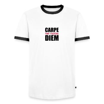 Carpe That Fucking Diem - Männer Kontrast-T-Shirt - Weiß/Schwarz - Vorne - AI Model Female 172 light (172cm) & AI Model Male 178 dark (178cm)