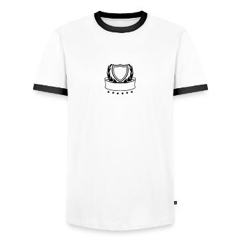 emblem shield wreath banner design logo text write - Men's Ringer Shirt - white/black - Front - AI Model Female 172 light (172cm) & AI Model Male 178 dark (178cm)