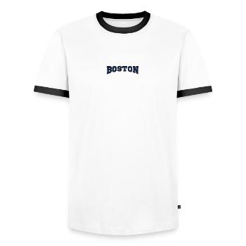 Boston Block Font Logo - Men's Ringer Shirt - white/black - Front - AI Model Female 172 light (172cm) & AI Model Male 178 dark (178cm)