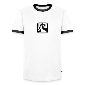 gym sport arm hantel outline hand arm muscle stron - Men's Ringer Shirt - white/black - Front - AI Model Female 172 light (172cm) & AI Model Male 178 dark (178cm)
