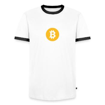 Bitcoin, Symbol, Sign, Blockchain, BTC, Cryptos - Men's Ringer Shirt - white/black - Front - AI Model Female 172 light (172cm) & AI Model Male 178 dark (178cm)