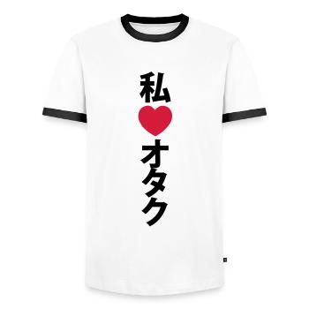 I Heart (Love) Otaku {Vertical} ~ Japanese Geek - Men's Ringer Shirt - white/black - Front - AI Model Female 172 light (172cm) & AI Model Male 178 dark (178cm)