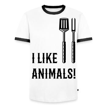 I Like Animals! (Grill Cutlery / Black) - Men's Ringer Shirt - white/black - Front - AI Model Female 172 light (172cm) & AI Model Male 178 dark (178cm)