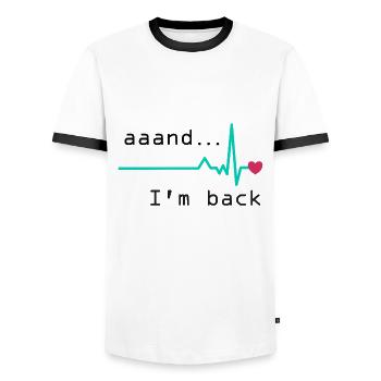 Unnnd ich bin zurück, Herzinfarkt Überlebender - Männer Kontrast-T-Shirt - Weiß/Schwarz - Vorne - AI Model Female 172 light (172cm) & AI Model Male 178 dark (178cm)