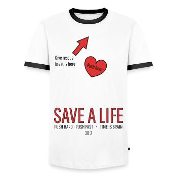 Save a life! CPR - Men's Ringer Shirt - white/black - Front - AI Model Female 172 light (172cm) & AI Model Male 178 dark (178cm)