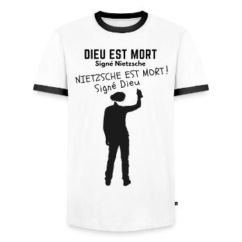 God is dead signed Nietzsche, Nietzsche is dead - Men's Ringer Shirt - white/black - Front - AI Model Female 172 light (172cm) & AI Model Male 178 dark (178cm)