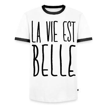 La vie est belle - T-shirt contrasté Homme - blanc/noir - Devant - AI Model Female 172 light (172cm) & AI Model Male 178 dark (178cm)