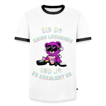 Party Festival Outfit es eskaliert eh Teddy Bär - Männer Kontrast-T-Shirt - Weiß/Schwarz - Vorne - AI Model Female 172 light (172cm) & AI Model Male 178 dark (178cm)