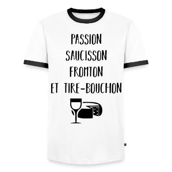 Passion saucisson fromton et tire-bouchon - T-shirt contrasté Homme - blanc/noir - Devant - AI Model Female 172 light (172cm) & AI Model Male 178 dark (178cm)