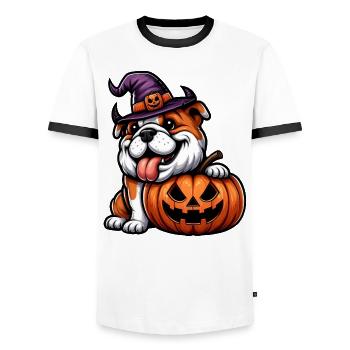 Cute Bulldog Halloween Cartoon Pumpkin - Men's Ringer Shirt - white/black - Front - AI Model Female 172 light (172cm) & AI Model Male 178 dark (178cm)