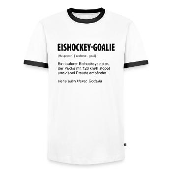 Eishockey-Goalie - Männer Kontrast-T-Shirt - Weiß/Schwarz - Vorne - AI Model Female 172 light (172cm) & AI Model Male 178 dark (178cm)