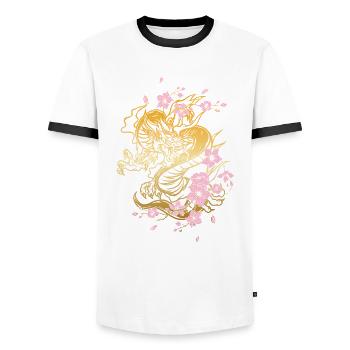 Japanese Dragon Cherry Blossoms Sakura Dragon - Men's Ringer Shirt - white/black - Front - AI Model Female 172 light (172cm) & AI Model Male 178 dark (178cm)