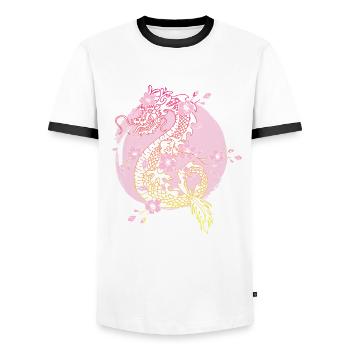 Japanese Dragon Cherry Blossoms Sakura Dragon - Men's Ringer Shirt - white/black - Front - AI Model Female 172 light (172cm) & AI Model Male 178 dark (178cm)