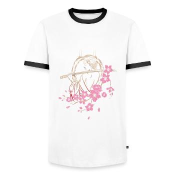 Japanese samurai with cherry blossoms and sakura - Men's Ringer Shirt - white/black - Front - AI Model Female 172 light (172cm) & AI Model Male 178 dark (178cm)