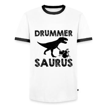 Schlagzeug Dinosaurier | Drummer Musiker Geschenke - Männer Kontrast-T-Shirt - Weiß/Schwarz - Vorne - AI Model Female 172 light (172cm) & AI Model Male 178 dark (178cm)
