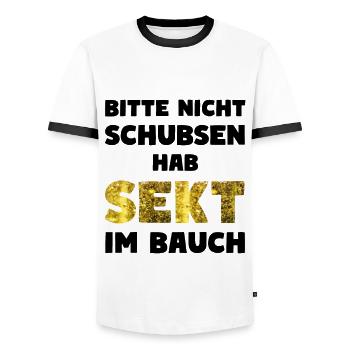 Bitte Nicht Schubsen Hab Sekt Im Bauch Trinkspruch - Männer Kontrast-T-Shirt - Weiß/Schwarz - Vorne - AI Model Female 172 light (172cm) & AI Model Male 178 dark (178cm)