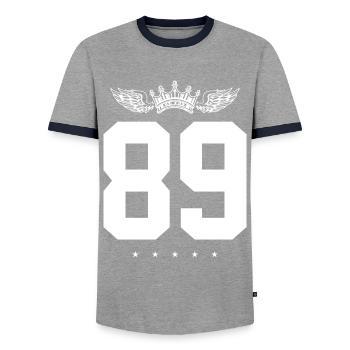 89 Number crown - Men's Ringer Shirt - grey/navy  - Front - AI Model Female 172 light (172cm) & AI Model Male 178 light (178cm)