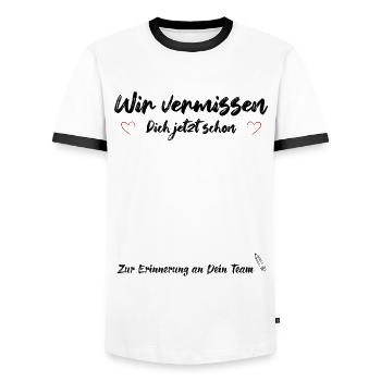 Wir vermissen Dich jetzt schon Abschied Kollegen - Männer Kontrast-T-Shirt - Weiß/Schwarz - Vorne - AI Model Female 172 light (172cm) & AI Model Male 178 dark (178cm)
