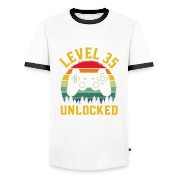 35th Birthday gamer t shirt level 35 complete - Men's Ringer Shirt - white/black - Front - AI Model Female 172 light (172cm) & AI Model Male 178 dark (178cm)