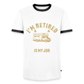 I'm retired going camping is my job motorhome - Men's Ringer Shirt - white/black - Front - AI Model Female 172 light (172cm) & AI Model Male 178 dark (178cm)