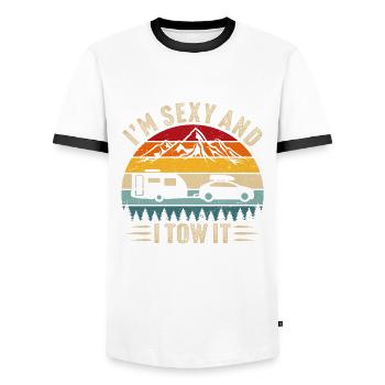 Ich bin sexy und ich schleppe es Camping T-Shirt Wohnwagen - Männer Kontrast-T-Shirt - Weiß/Schwarz - Vorne - AI Model Female 172 light (172cm) & AI Model Male 178 dark (178cm)