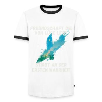 freundschaftsprüche Freundschaft die von Lüge lebt - Männer Kontrast-T-Shirt - Weiß/Schwarz - Vorne - AI Model Female 172 light (172cm) & AI Model Male 178 dark (178cm)