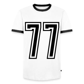 77 Zahl nummer - Männer Kontrast-T-Shirt - Weiß/Schwarz - Vorne - AI Model Female 172 light (172cm) & AI Model Male 178 dark (178cm)