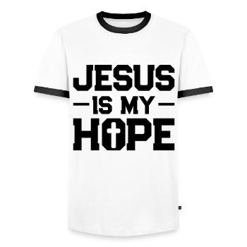espoir de jésus - T-shirt contrasté Homme - blanc/noir - Devant - AI Model Female 172 light (172cm) & AI Model Male 178 dark (178cm)