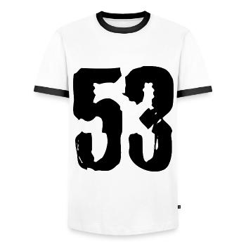 53 number jersey - Men's Ringer Shirt - white/black - Front - AI Model Female 172 light (172cm) & AI Model Male 178 dark (178cm)