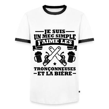 Un mec simple j aime les tronçonneuses et la bière - T-shirt contrasté Homme - blanc/noir - Devant - AI Model Female 172 light (172cm) & AI Model Male 178 dark (178cm)