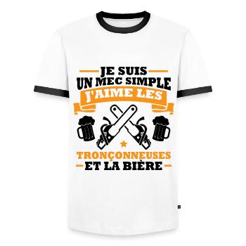 Un mec simple j aime les tronçonneuses et la bière - T-shirt contrasté Homme - blanc/noir - Devant - AI Model Female 172 light (172cm) & AI Model Male 178 dark (178cm)