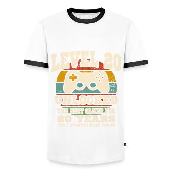 Level 20 unlocked - 20th anniversary - Men's Ringer Shirt - white/black - Front - AI Model Female 172 light (172cm) & AI Model Male 178 dark (178cm)