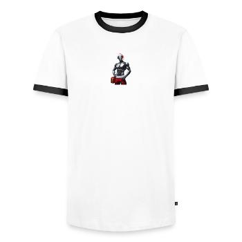 Cyber robot with Santa hat and gift - Men's Ringer Shirt - white/black - Front - AI Model Female 172 light (172cm) & AI Model Male 178 dark (178cm)