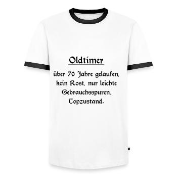Oldtimer - 70. Geburtstag - Männer Kontrast-T-Shirt - Weiß/Schwarz - Vorne - AI Model Female 172 light (172cm) & AI Model Male 178 dark (178cm)