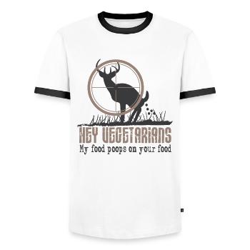 Hunter Vegetarian Deer My food poops on yours - Men's Ringer Shirt - white/black - Front - AI Model Female 172 light (172cm) & AI Model Male 178 dark (178cm)