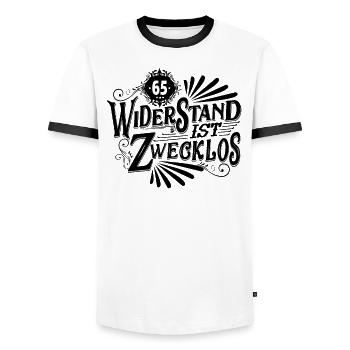 65. Geburtstag Widerstand ist zwecklos - Männer Kontrast-T-Shirt - Weiß/Schwarz - Vorne - AI Model Female 172 light (172cm) & AI Model Male 178 dark (178cm)
