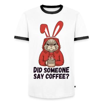 Did Someone Say Coffee? Moody Cat in Bunny Ears - Men's Ringer Shirt - white/black - Front - AI Model Female 172 light (172cm) & AI Model Male 178 dark (178cm)