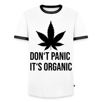 Ne paniquez pas, c'est une feuille de chanvre biologique - T-shirt contrasté Homme - blanc/noir - Devant - AI Model Female 172 light (172cm) & AI Model Male 178 dark (178cm)