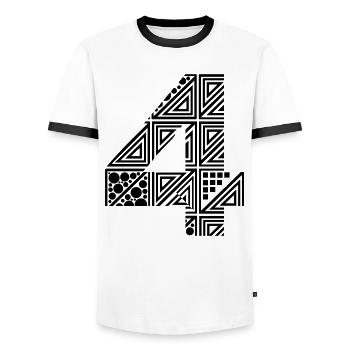 four number 4 - Men's Ringer Shirt - white/black - Front - AI Model Female 172 light (172cm) & AI Model Male 178 dark (178cm)