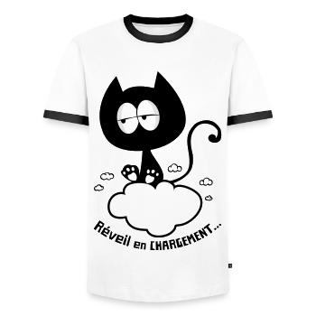 Chat réveil en chargement, humour de chat ! - T-shirt contrasté Homme - blanc/noir - Devant - AI Model Female 172 light (172cm) & AI Model Male 178 dark (178cm)