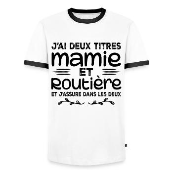 Deux Titres Mamie Routière Camionneuse Mémé Cadeau - T-shirt contrasté Homme - blanc/noir - Devant - AI Model Female 172 light (172cm) & AI Model Male 178 dark (178cm)