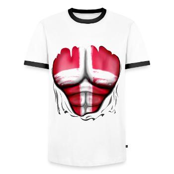 Denmark Flag Ripped Muscles, six pack, chest - Men's Ringer Shirt - white/black - Front - AI Model Female 172 light (172cm) & AI Model Male 178 dark (178cm)