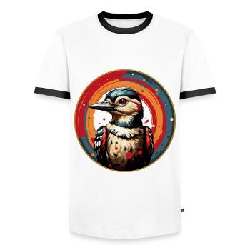 Buntspecht Portrait im bunten Farbkreis - Männer Kontrast-T-Shirt - Weiß/Schwarz - Vorne - AI Model Female 172 light (172cm) & AI Model Male 178 dark (178cm)