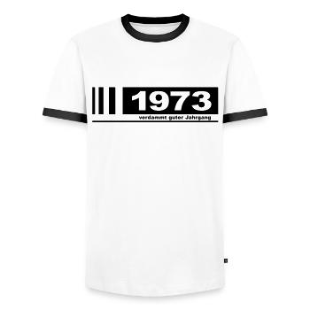 1973 - Damn Good Year - Men's Ringer Shirt - white/black - Front - AI Model Female 172 light (172cm) & AI Model Male 178 dark (178cm)