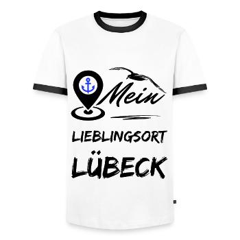 Lübeck mon endroit préféré-la ville hanséatique de Lübeck-Möwe - T-shirt contrasté Homme - blanc/noir - Devant - AI Model Female 172 light (172cm) & AI Model Male 178 dark (178cm)