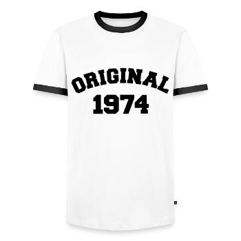 Original 1974 - Männer Kontrast-T-Shirt - Weiß/Schwarz - Vorne - AI Model Female 172 light (172cm) & AI Model Male 178 dark (178cm)