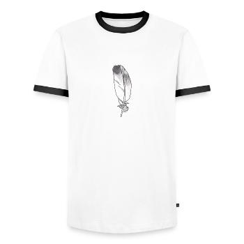 Petite plume grise dessinée à la main (pigeon) - T-shirt contrasté Homme - blanc/noir - Devant - AI Model Female 172 light (172cm) & AI Model Male 178 dark (178cm)