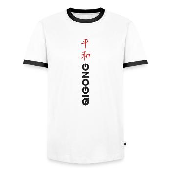 qigong font - Men's Ringer Shirt - white/black - Front - AI Model Female 172 light (172cm) & AI Model Male 178 dark (178cm)